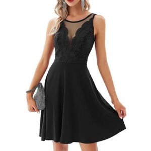 Grace Karin Black Scalloped Overlay Lace Sheer Bust Fit And Flair Dress
